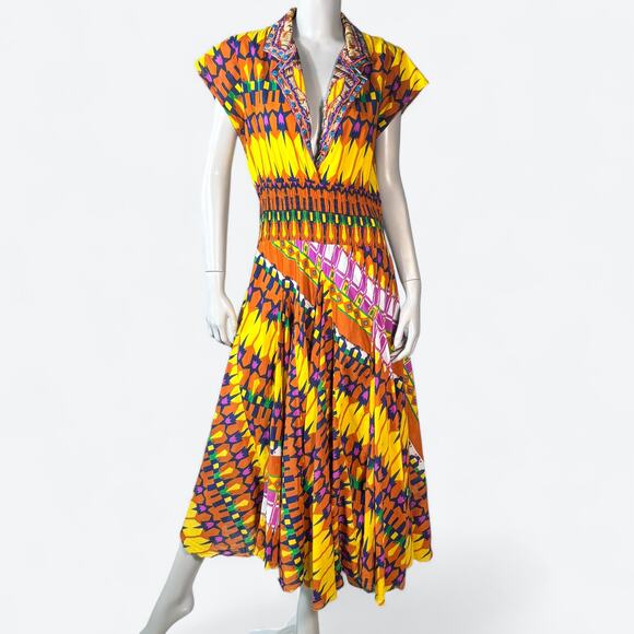 VTG 100% Cotton Geometric Artsy Boho Midi Dress Women's Large Beaded Resortwear - Picture 2 of 12